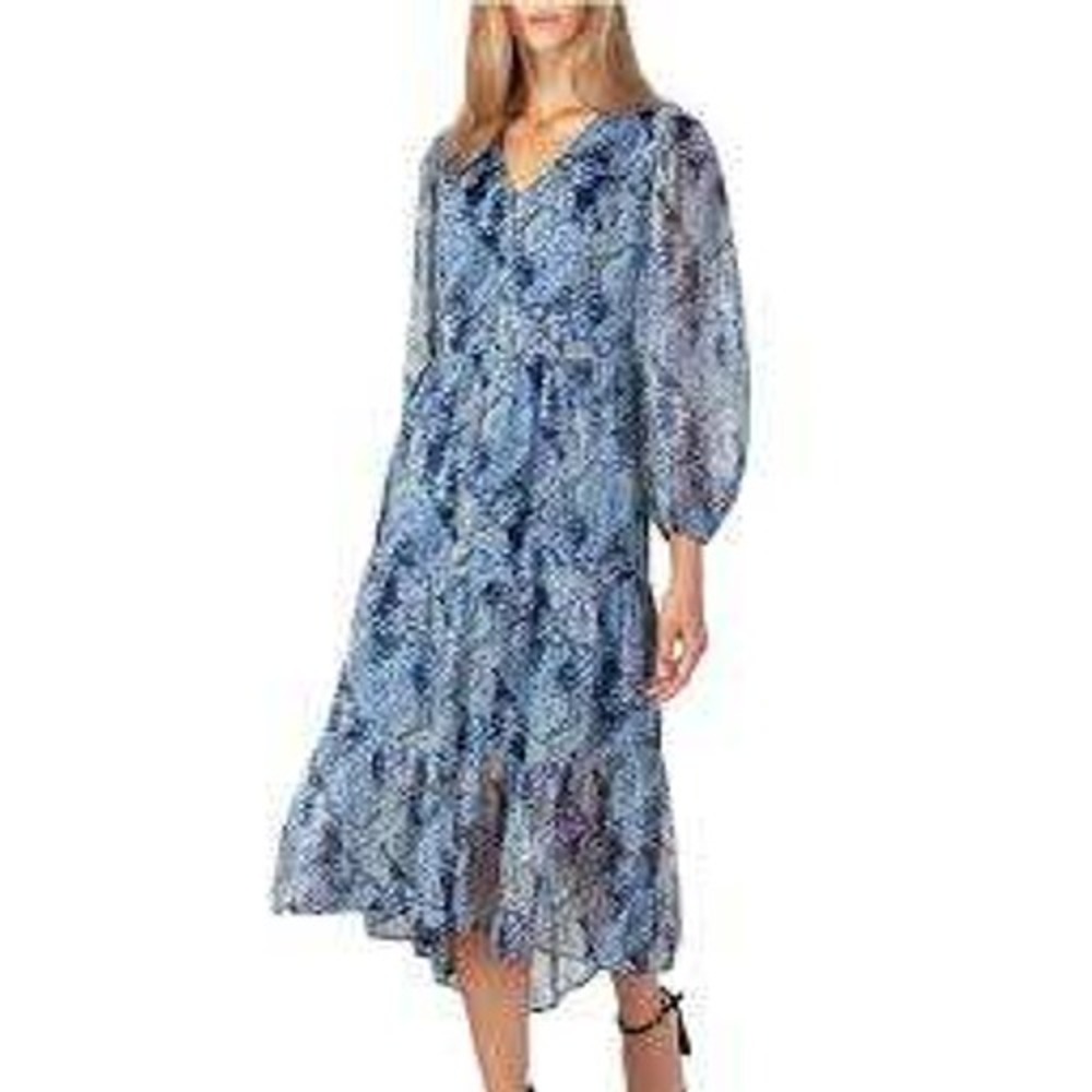 Joie Parisian Paisley Blue Tiered Midi‎ Dress V-Neck Long Sleeve Womens L Flowy